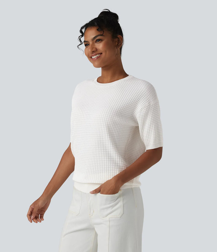 Round Neck Short Sleeve Waffle Casual Sweater