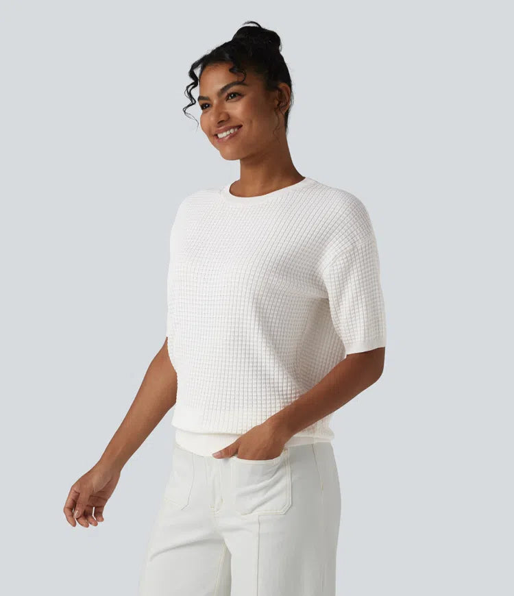 Round Neck Short Sleeve Waffle Casual Sweater
