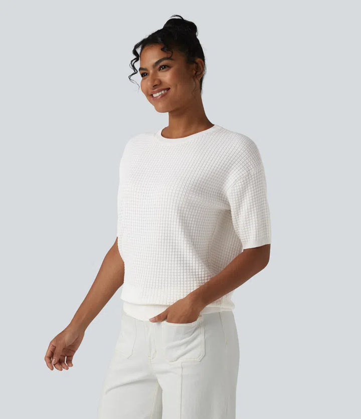 Round Neck Short Sleeve Waffle Casual Sweater