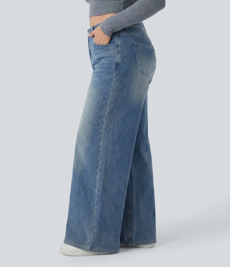 Halara Flex High Waisted Pockets Baggy Wide Leg Washed Casual Plus Size Jeans