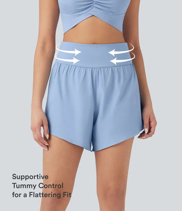 SoftlyZero QuickDry High Waisted Tummy Control Reflective Dots Crossover Hem 2-in-1 Running Shorts 5&