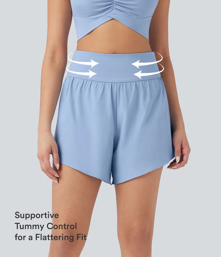 SoftlyZero QuickDry High Waisted Tummy Control Reflective Dots Crossover Hem 2-in-1 Running Shorts 5&