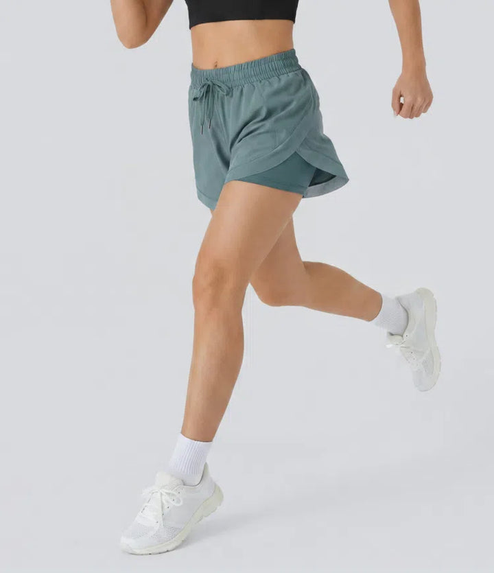 Mid Rise Drawstring Contrast Mesh 2-in-1 Flowy Running Shorts 5&