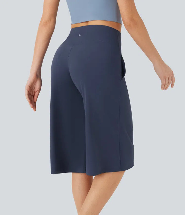 SoftlyZero Airy Crossover High Waisted Wide Leg InstantCool Yoga Pedal Pusher Pants with Pockets