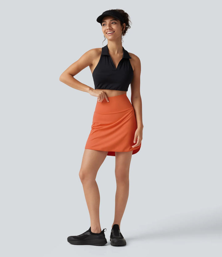 SoftlyZero Airy Super High Waisted Tummy Control Curved Hem 2-in-1 InstantCool Golf Mini Skirt with Pockets-Longer Length