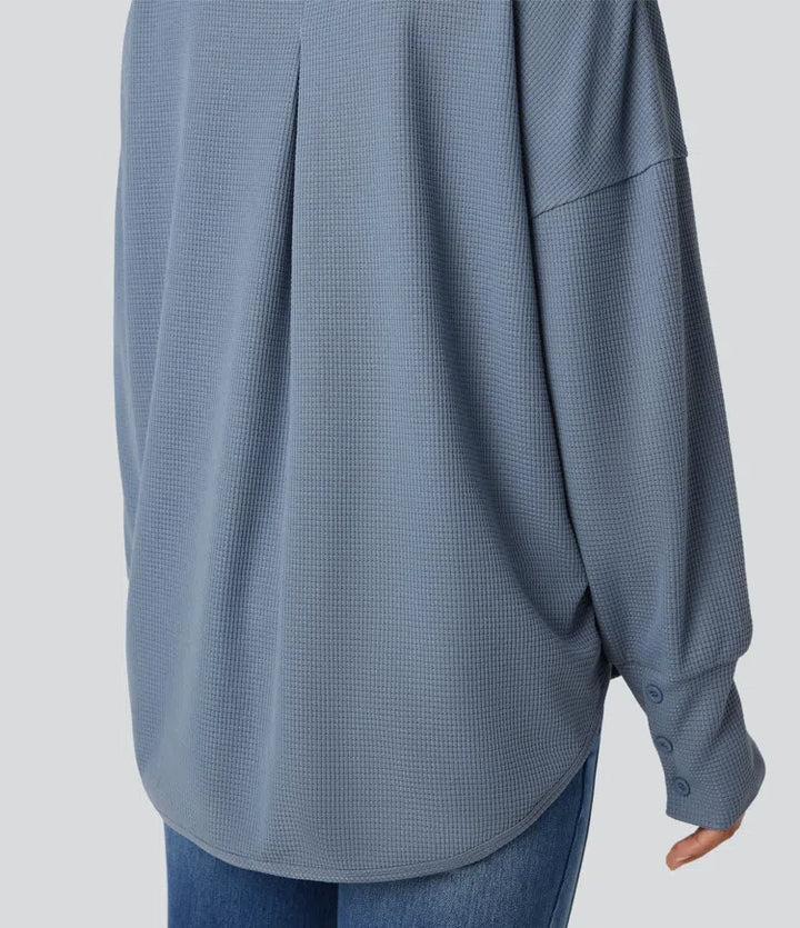 Scoop Neck Long Sleeve Curved Hem Relaxed Waffle Casual Top