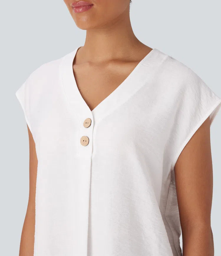V Neck Cap Sleeve Decorative Work Blouse