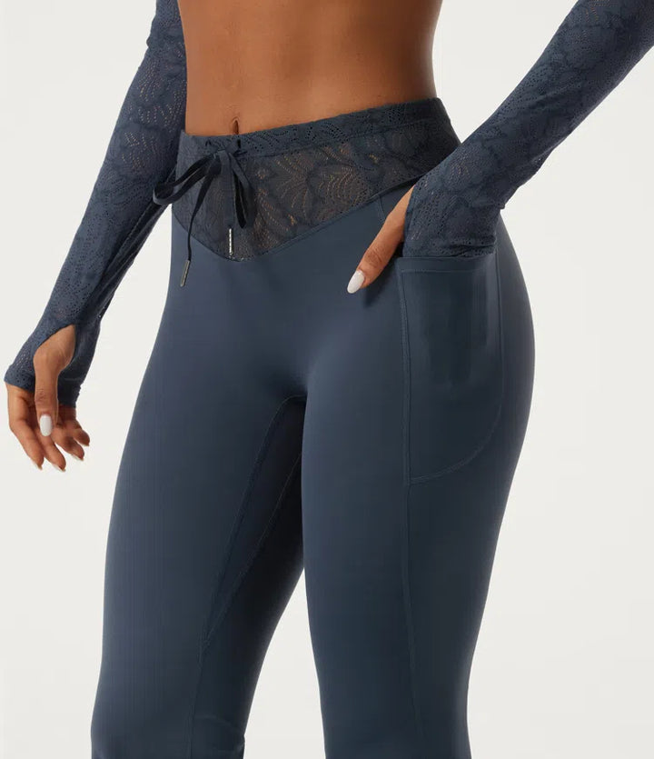 Halara UltraSculpt Mid Rise Drawstring Contrast Lace Flare Yoga Leggings with Pockets