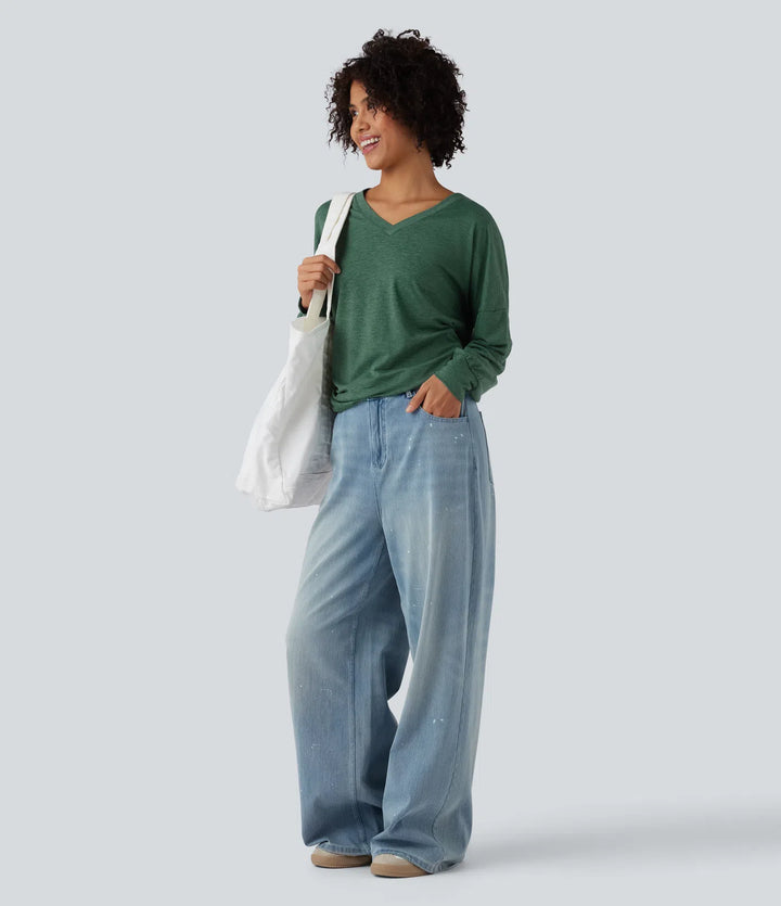 V Neck Long Sleeve Ruched Relaxed Casual T-Shirt