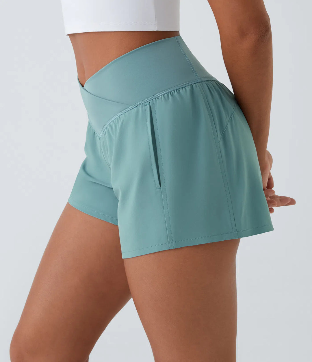 Breezeful High Waisted Crossover Pocket 2-in-1 Quick Dry Yoga Shorts 4"