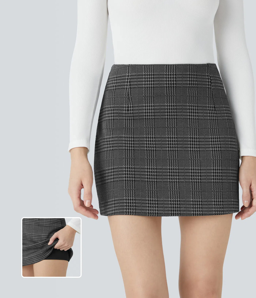 High Waisted 2-in-1 Houndstooth Plaid Mini Work Skirt