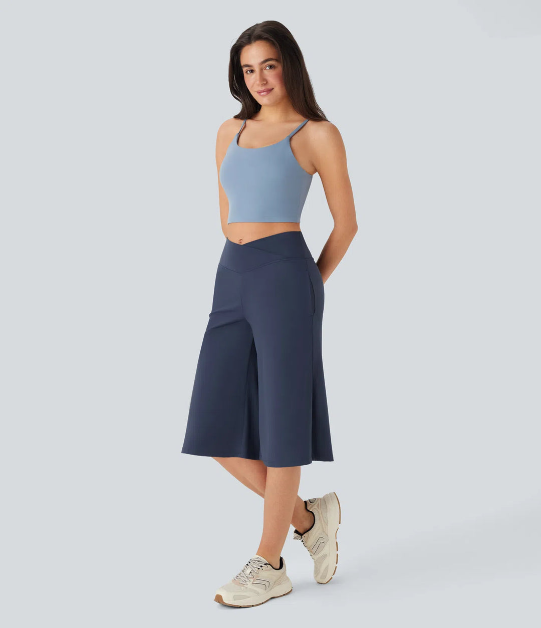 SoftlyZero Airy Crossover High Waisted Wide Leg InstantCool Yoga Pedal Pusher Pants with Pockets