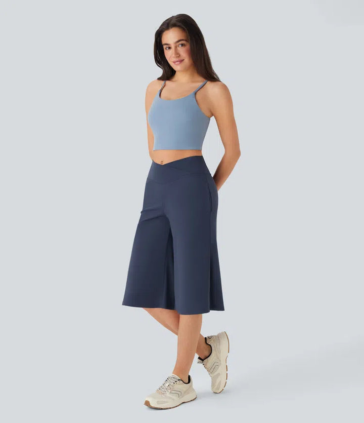 SoftlyZero Airy Crossover High Waisted Wide Leg InstantCool Yoga Pedal Pusher Pants with Pockets