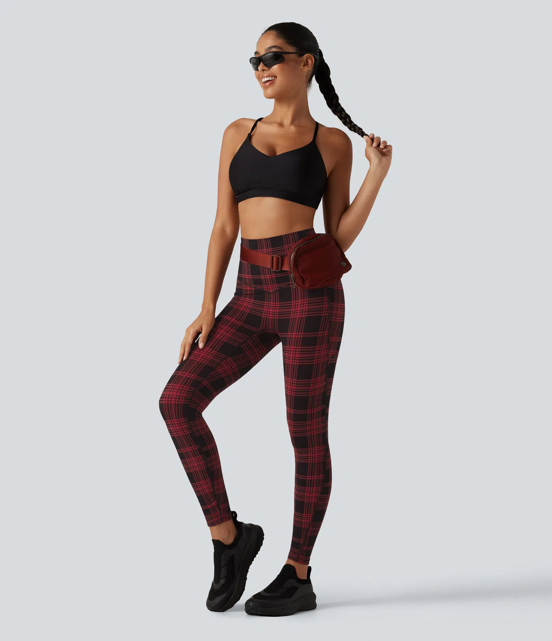 Halara UltraSculpt Plaid Print High Waisted Tummy Control Running Leggings with Pockets