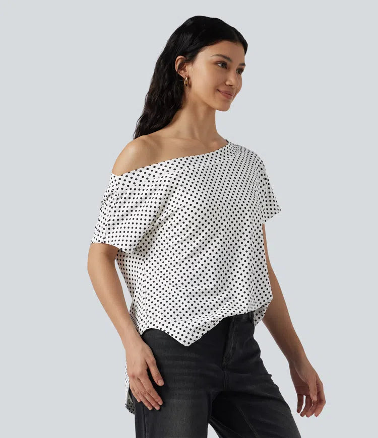 One Shoulder Short Sleeve Curved Hem High Low Built-in Bra Polka Dot Casual Top