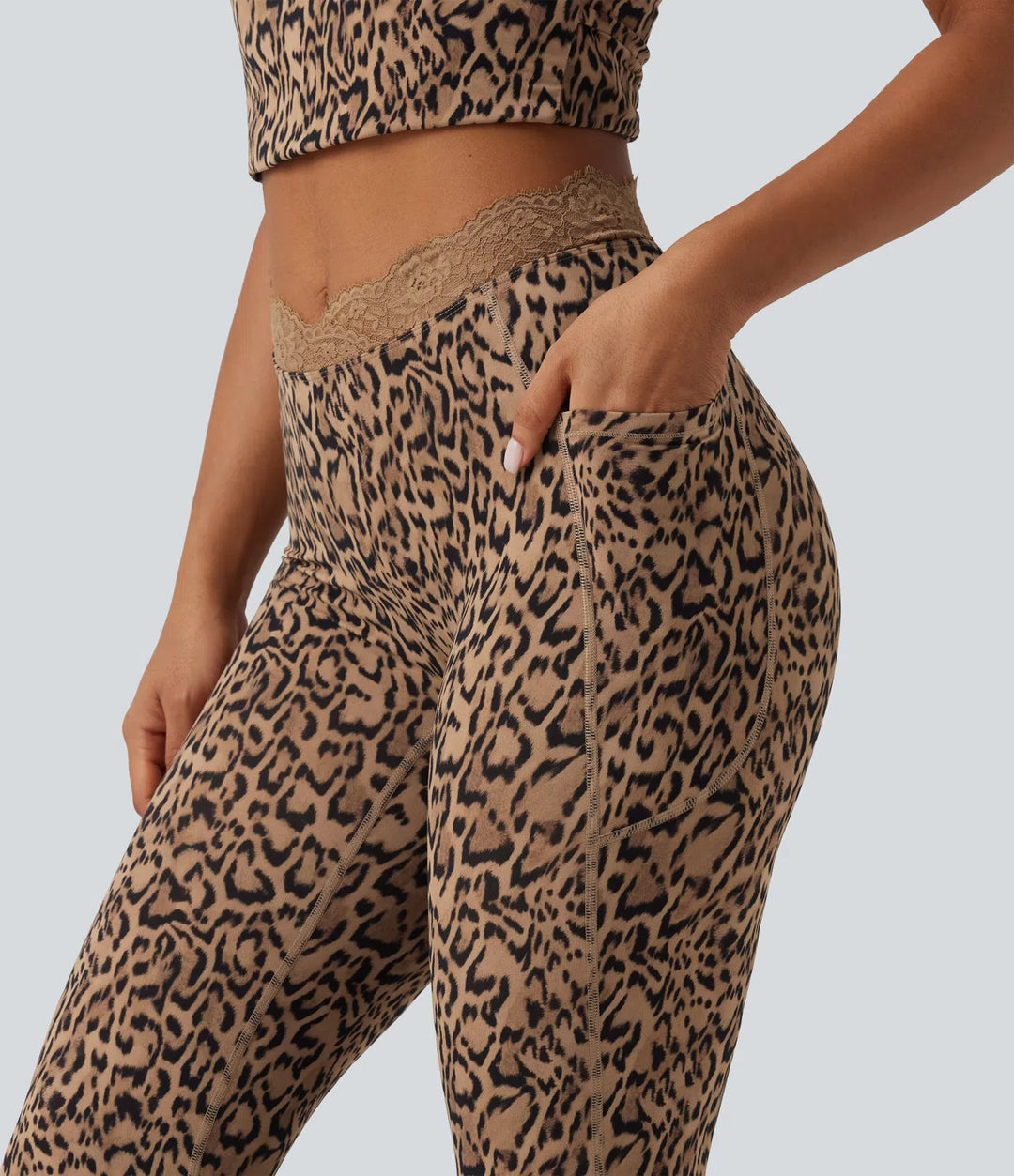 Halara UltraSculpt Leopard Print V-Shaped High Waisted Contrast Lace Yoga Flare Leggings with Pockets