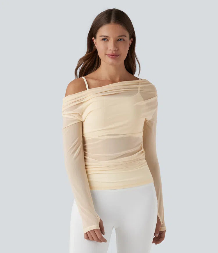 One-shoulder Long Sleeve Thumb Holes Ruched Mesh 2-in-1 Yoga Sports Top