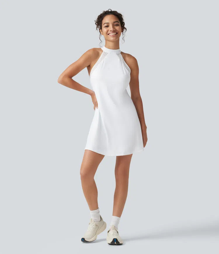 SoftlyZero Airy Tie Back Built-in Bra 2-in-1 InstantCool Mini Yoga Active Dress with Pocket-Longer Length