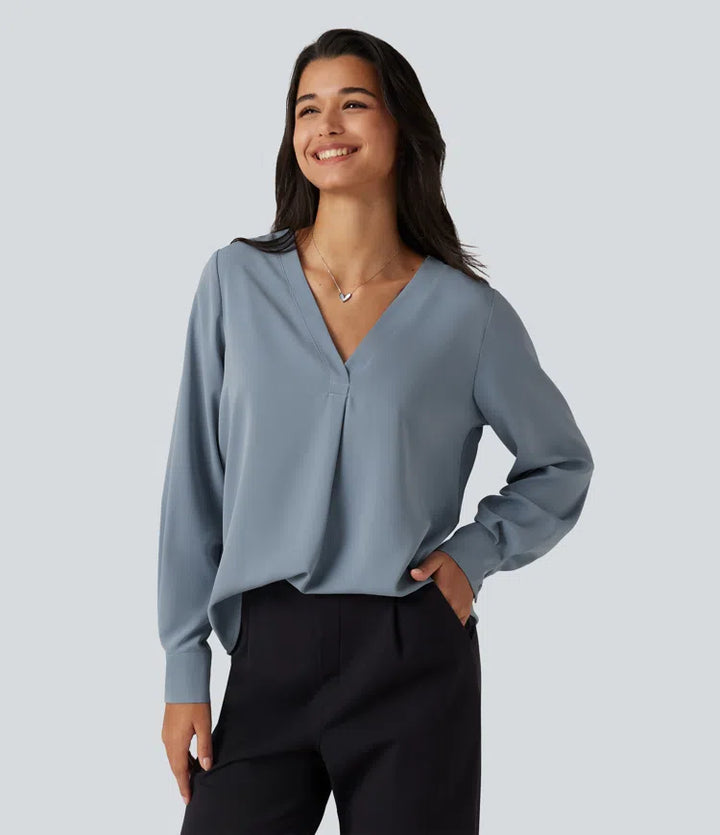 Wrinkle Recovery V Neck Long Sleeve Work Blouse