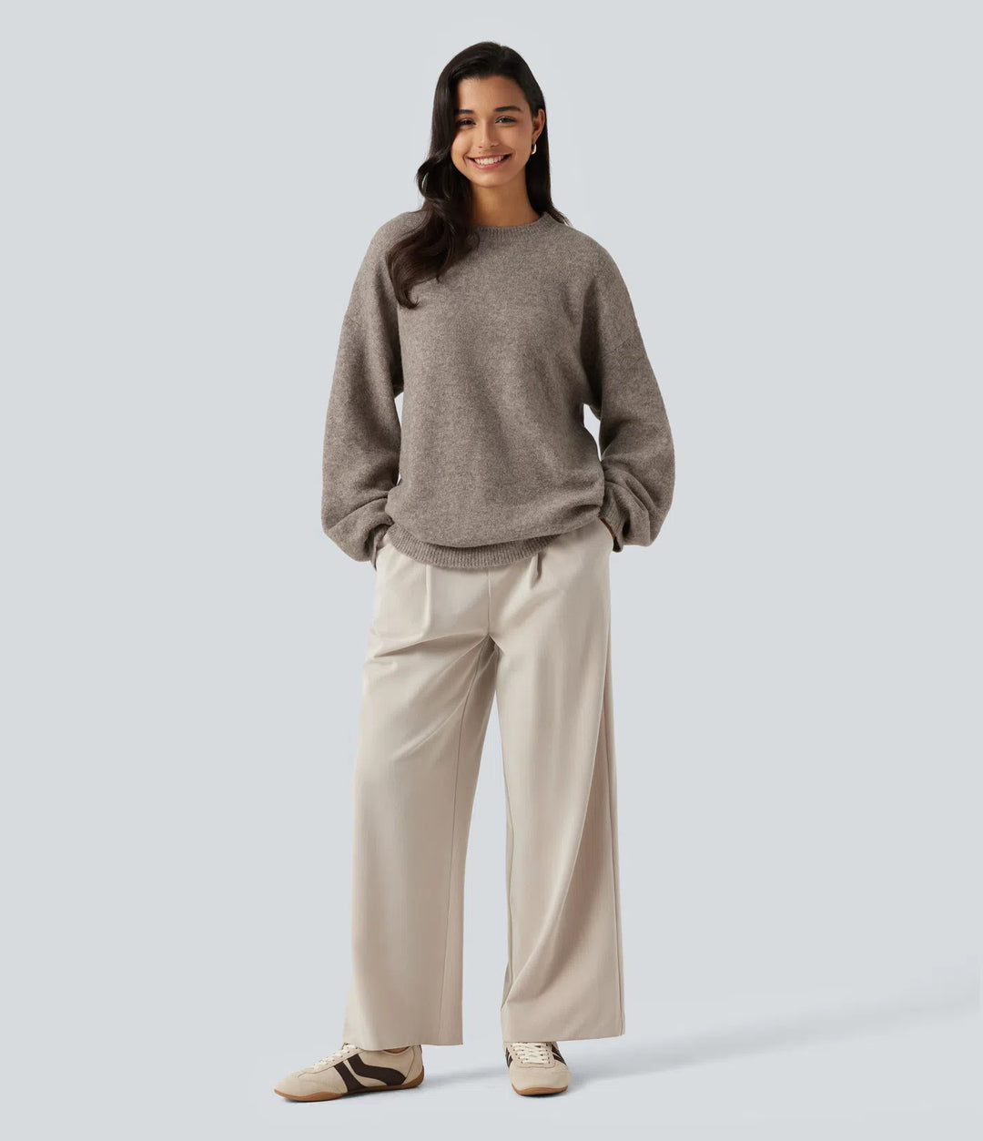 Round Neck Dropped Long Sleeve Work Wool-Blend Sweater