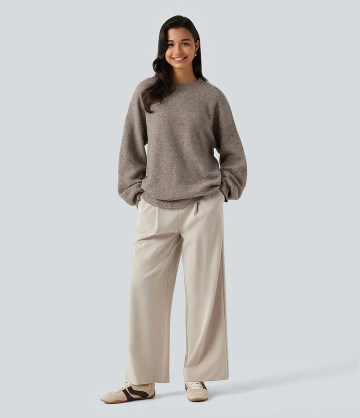 Round Neck Dropped Long Sleeve Work Wool-Blend Sweater