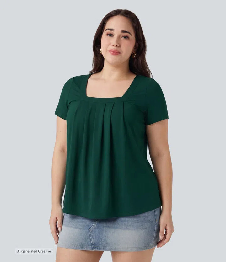 Plus Size Square Neck Short Sleeve Casual Blouse