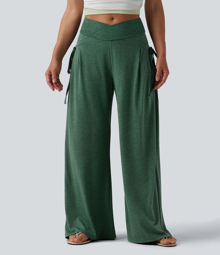 High Waisted Crossover Lace Up Wide Leg Baggy Heathered Casual Pants with Pockets
