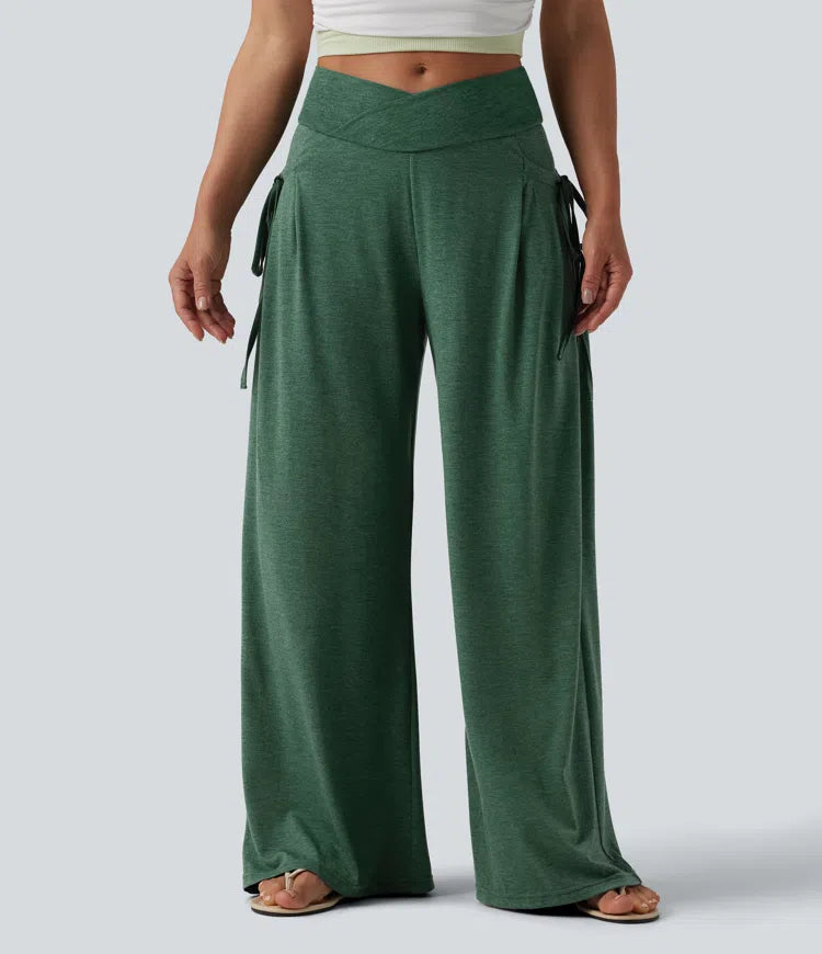 High Waisted Crossover Lace Up Wide Leg Baggy Heathered Casual Pants with Pockets