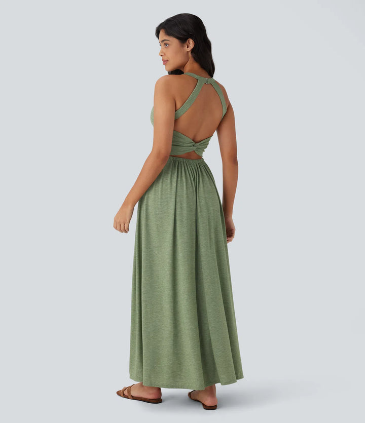 Twisted Backless Split Flowy Maxi Resort Dress with Pockets
