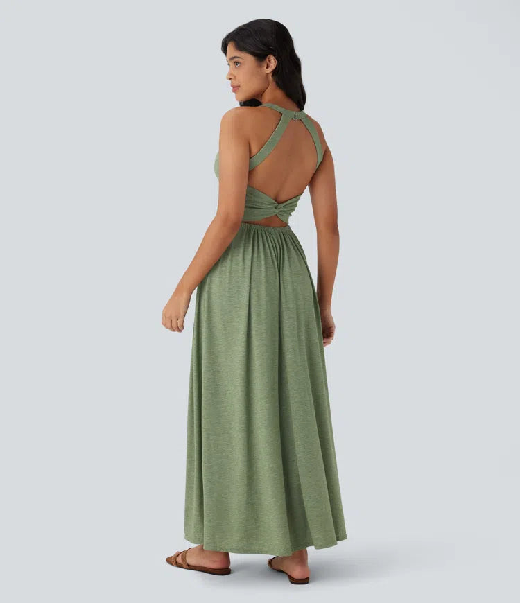Twisted Backless Split Flowy Maxi Resort Dress with Pockets