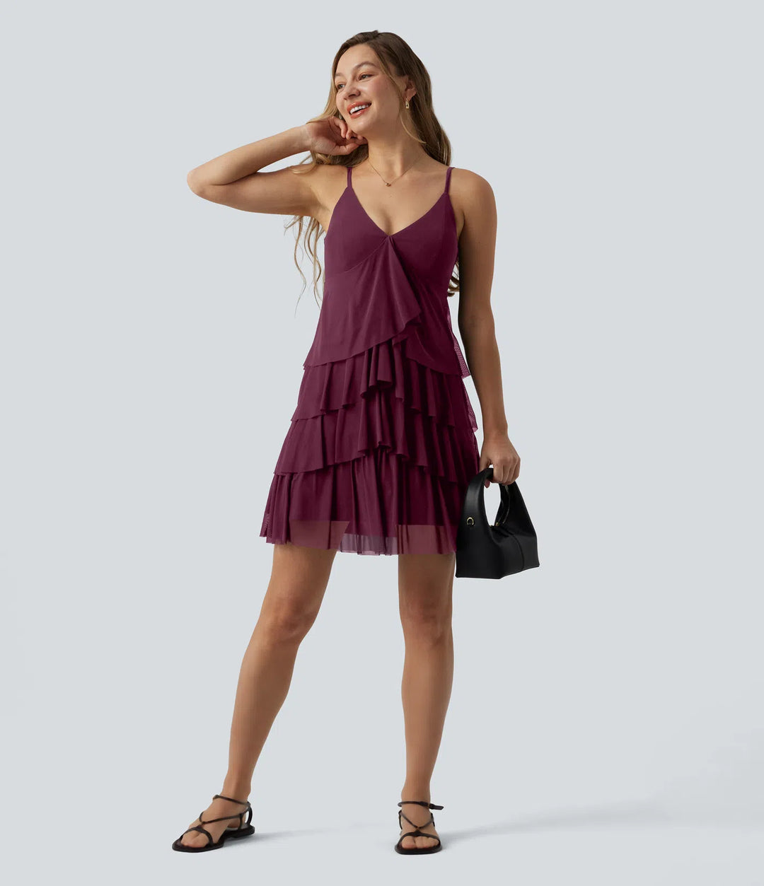 Crisscross Backless Mesh Overlay Built-in Bra Mini Casual Tiered Slip Dress with Pockets