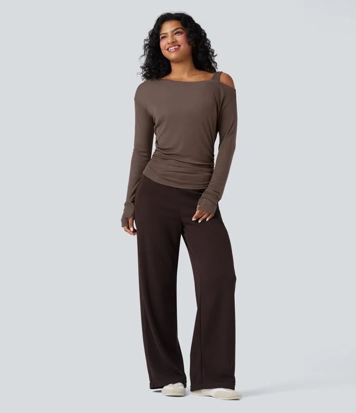 One-Shoulder Long Sleeve Asymmetrical Casual Wool-Blend T-Shirt