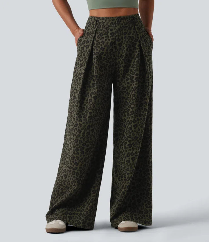 Mid Rise Wide Leg Baggy Leopard Print Casual Pants with Pockets