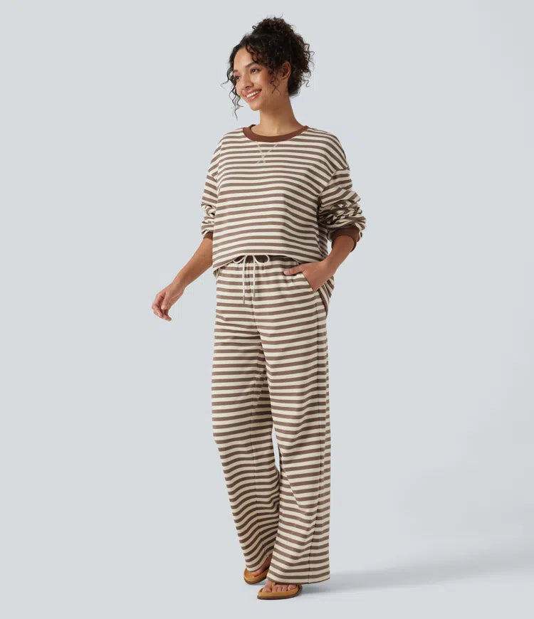 Mid Rise Drawstring Stripe Wide Leg Lounging Sweatpants with Pockets