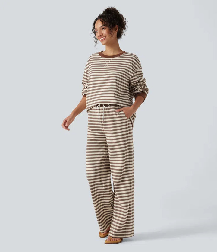 Mid Rise Drawstring Stripe Wide Leg Lounging Sweatpants with Pockets