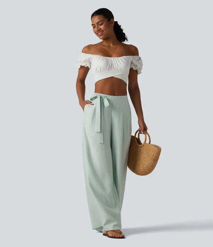 High Waisted Tie Side Baggy Linen-Blend Pants with Pockets