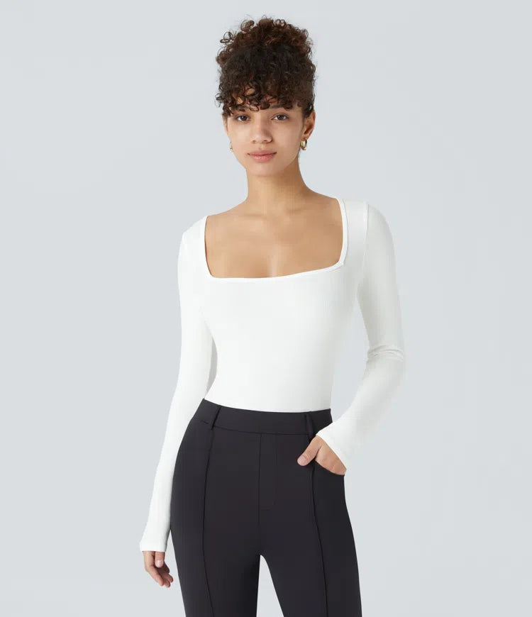 Ribbed Knit Square Neck Long Sleeve Skinny Casual Bodysuit