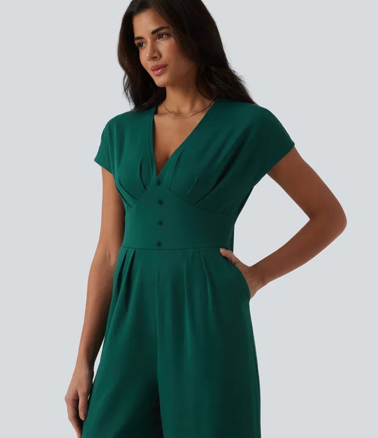 V Neck Short Sleeve Wide Leg Casual Jumpsuit with Pockets-Easy Peezy Edition