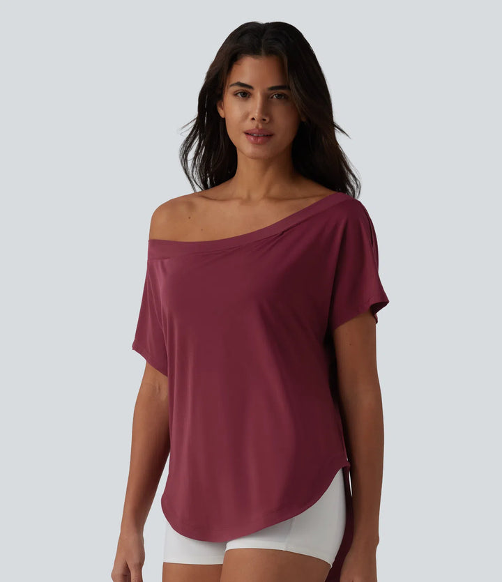 One Shoulder Short Sleeve Curved Hem High Low Quick Dry Yoga Sports Top-Built-in Bra