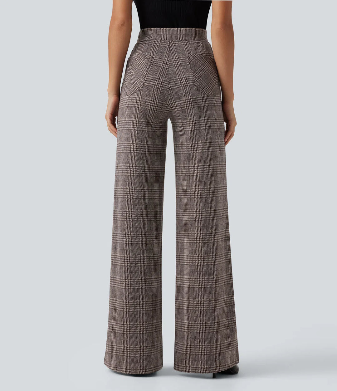 High Waisted Wide Leg Plaid Casual Pants with Pockets