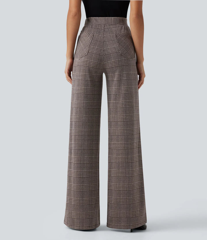 High Waisted Wide Leg Plaid Casual Pants with Pockets
