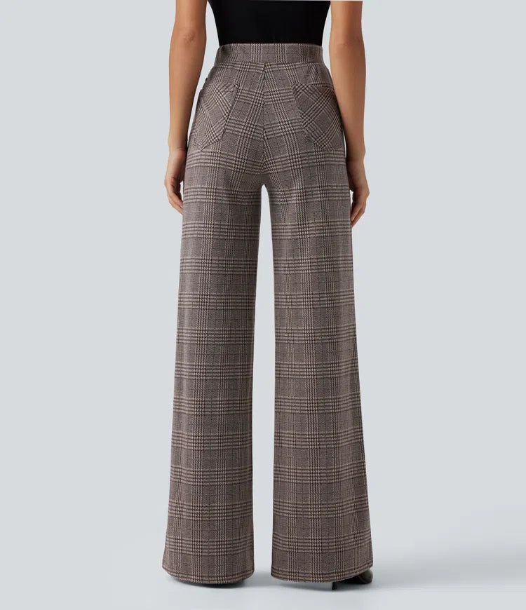High Waisted Wide Leg Plaid Casual Pants with Pockets