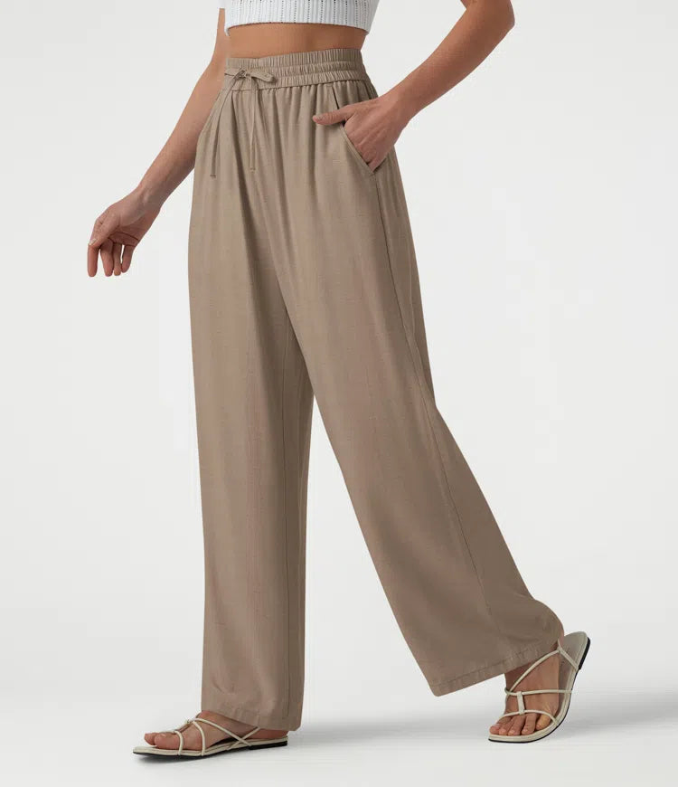 High Waisted Drawstring Wide Leg Casual Linen-Blend Pants with Pockets