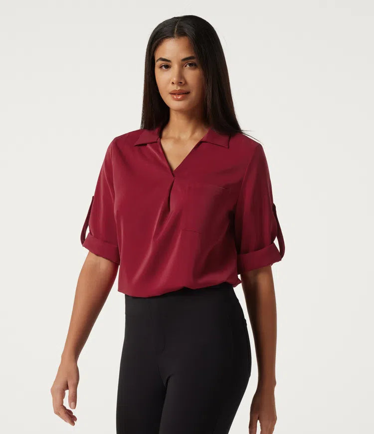 Wrinkle Recovery V Neck Long Sleeve Work Shirt with Pocket