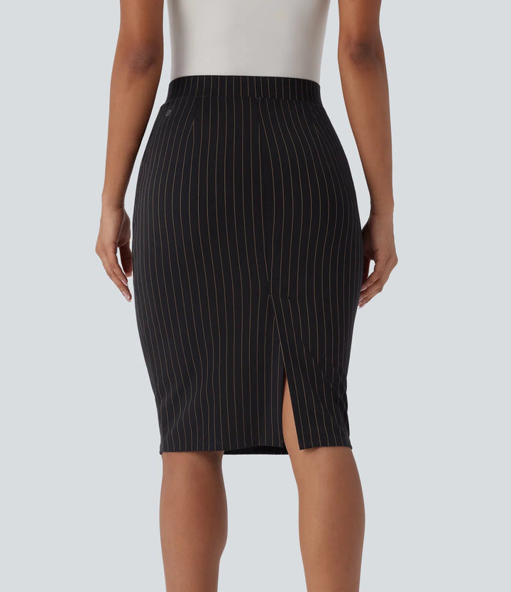 High Waisted Pocket Hem InstantCool Stripe Bodycon Work Skirt
