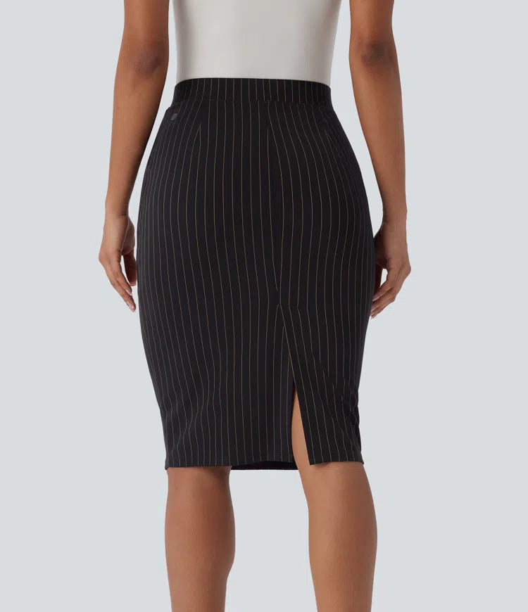 High Waisted Pocket Hem InstantCool Stripe Bodycon Work Skirt