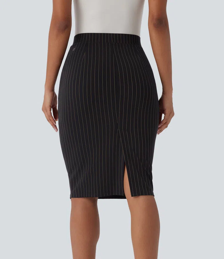 High Waisted Pocket Hem InstantCool Stripe Bodycon Work Skirt