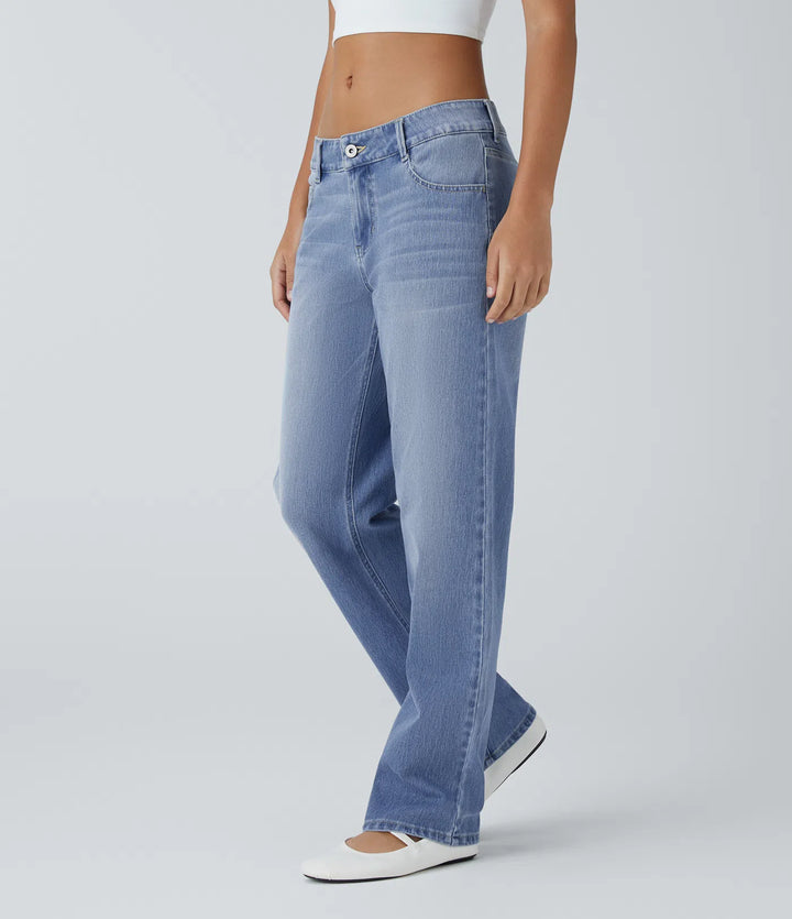 Halara Flex Low Rise Zipper Pockets Straight Leg Washed Casual Jeans