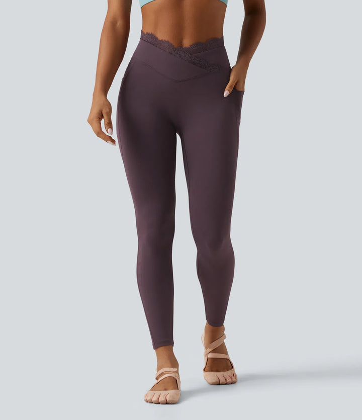 SoftlyZero High Waisted Crossover Contrast Lace Yoga Leggings with Pockets