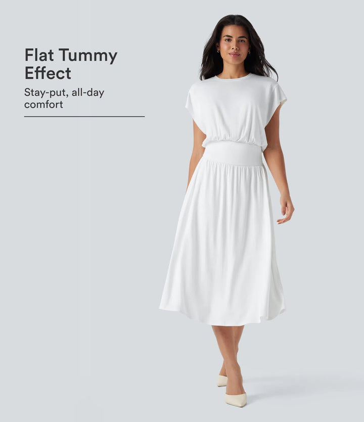 Tummy Control Batwing Sleeve Flowy Midi Work Dress with Pockets